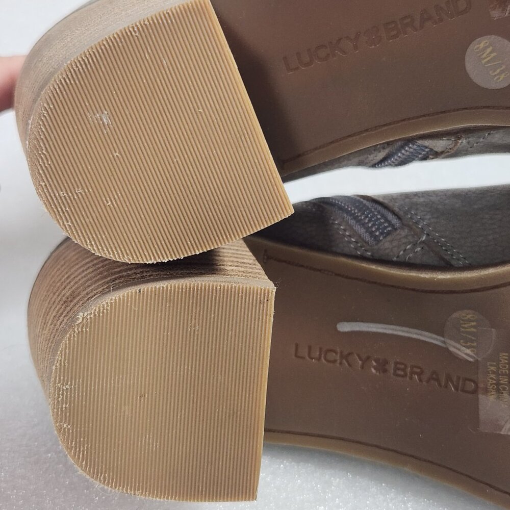 Lucky Brand Gray Leather Kasima Peep Toe Block Heel Booties 8M - Picture 9 of 14